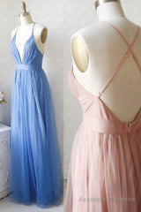 A-Line Tulle Long Prom Dresses, Simple V-Neck Party Dresses