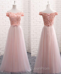 A Line Lace Tulle Off Shoulder Long Evening Prom Dresses, Evening Dresses