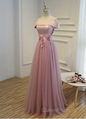 Pink A Line Off Shoulder Floor Length Evening Prom Dresses, Lace Evening Dresses