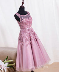 Cute Pink Lace Tulle Short Evening Prom Dresses, Pink Evening Dresses