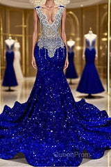 Royal Blue Sleeveless Mermaid Evening Prom Dresses with Beadings and Sequins