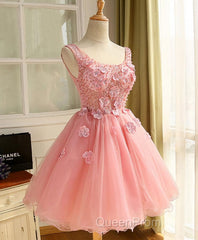 Cute A Line Pink Tulle Pearl Short Evening Prom Dresses, Homecoming Dresses