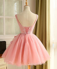 Cute A Line Pink Tulle Pearl Short Evening Prom Dresses, Homecoming Dresses