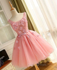 Cute A Line Pink Tulle Pearl Short Evening Prom Dresses, Homecoming Dresses
