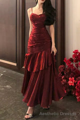 Spaghetti Strap V-Neck Plain Ruffle Panel Ruched Mermaid Prom Dresses