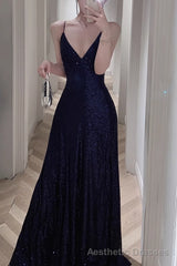 Spaghetti Strap V-Neck Prom Dress Glitter A-Line Maxi Dress
