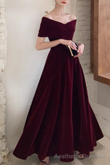 Simple V-neck Short-Sleeve Off Shoulder Long Prom Dress Burgundy A-Line  Evening Dress