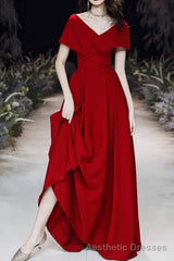 Simple V-neck Short-Sleeve Off Shoulder Long Prom Dress Red A-Line  Evening Dress