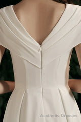 Simple V-neck Short-Sleeve Off Shoulder Long Prom Dress White A-Line  Evening Dress