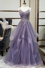 Purple Tulle A-line V-neck Spaghetti Straps Prom Dress With Lace Appliques
