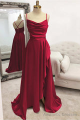 A-line Bateau Spaghetti Straps Long/Floor-Length Satin Prom Dresses With Pleated Split