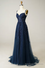A Line Spaghetti Straps Navy Prom Dress with Appliques