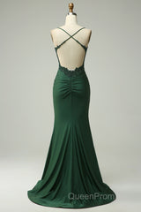 Sparkly Dark Green Beaded Long Evening Prom Dresses with Appliques