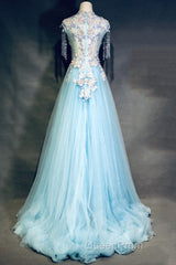 Modest Square Neckline Beading Appliques Sky Blue Long Evening Prom Dresses Pageant Gown