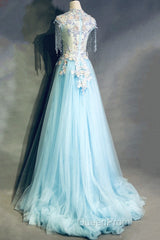 Modest Square Neckline Beading Appliques Sky Blue Long Evening Prom Dresses Pageant Gown
