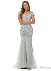 Off Shoulder Mermaid Evening Dresses, Luxurious Silver Bead Trumpet Formal Prom Dress
