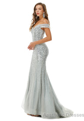 Off Shoulder Mermaid Evening Dresses, Luxurious Silver Bead Trumpet Formal Prom Dress