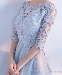Gray Lace Tulle High Low Prom Dress Lace Evening Dress