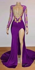 Unique Evening Prom Dresses, Long Sleeve High Neck Beaded Split Evening Prom Dresses