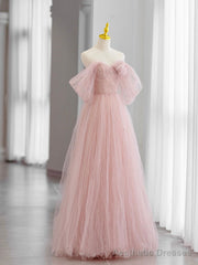 Pink Tulle Long Prom Dress, Beautiful A-Line Off Shoulder Evening Dress