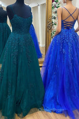 Cute Tulle Lace Long Evening Prom Dresses, A-Line Backless Evening Dresses