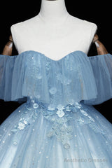 Blue Tulle Lace Long Prom Dresses, A-Line Off the Shoulder Evening Dresses