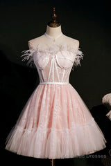 Pink Strapless Lace Short Prom Dress, A-Line Party Dress with Feather
