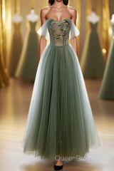 A-Line Green Tulle Long Evening Prom Dresses, Off the Shoulder Evening Party Dresses