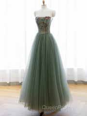 A-Line Green Tulle Long Evening Prom Dresses, Off the Shoulder Evening Party Dresses