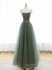 A-Line Green Tulle Long Evening Prom Dresses, Off the Shoulder Evening Party Dresses