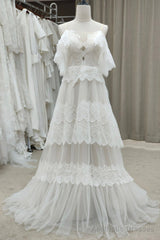 Ivory Spaghetti Straps Tulle Lace Long Prom Dress, A-Line Evening Dress