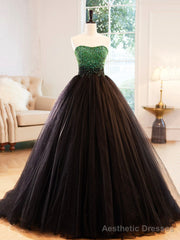 Black Strapless Tulle Long Prom Dress with Green Beaded, A-Line Formal Dress