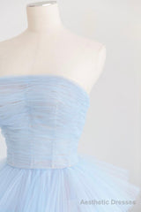 Blue Layers Tulle Long Prom Dresses, A-Line Strapless Evening Dresses