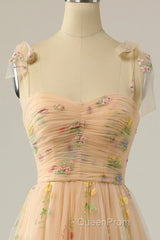 Champagne Lovely Tulle Lace Long Evening Prom Dresses, Champagne Evening Dresses