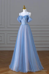 Blue Spaghetti Strap Tulle Floor Length Prom Dress, A-Line Evening Dress