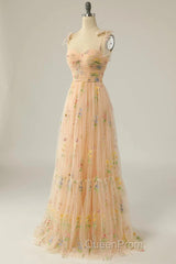 Champagne Lovely Tulle Lace Long Evening Prom Dresses, Champagne Evening Dresses