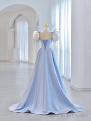 Blue Short Sleeve Saitn Formal Evening Dress, Cute A-Line Junior Prom Dress