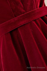 Burgundy Velvet Long Prom Dresses, Simple A-Line Evening Dresses