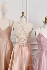 Simple V-Neck Satin Long Evening Prom Dresses, A-Line Backless Evening Dresses