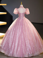 Pink Tulle and Lace Long Prom Dress with Sequins, Beautiful A-Line Sweet 16 Dress