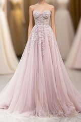 Cute Tulle Sweetheart Long Party Dresses with Lace, Beautiful A-Line Evening Prom Dresses