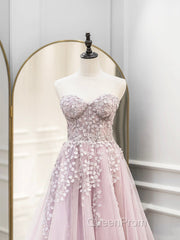 Cute Tulle Sweetheart Long Party Dresses with Lace, Beautiful A-Line Evening Prom Dresses