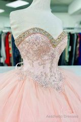 Pink Lace Beaded Long A-Line Ball Gown, Sweet 16 Dress