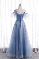 Blue Tulle Long A-Line Prom Dresses, Blue Spaghetti Strap Evening Dresses
