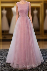 A Line Round Neck Tulle Long Evening Prom Dresses, Lace Evening Dresses