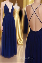Simple A-line V Neck Navy Blue Long Evening Prom Dresses