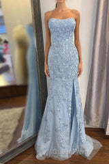 Elegant Strapless Mermaid Sky Blue Long Lace Evening Prom Dresses with Slit