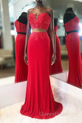 Elegant Two Piece Sweetheart Beaded Red Evening Prom Dresses with Lace-up Back