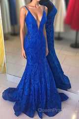 Elegant V Neck Mermaid Royal Blue Long Lace Evening Prom Dresses