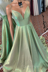 Elegant A-Line Empire V-Neck Green Long Evening Prom Dresses with Straps